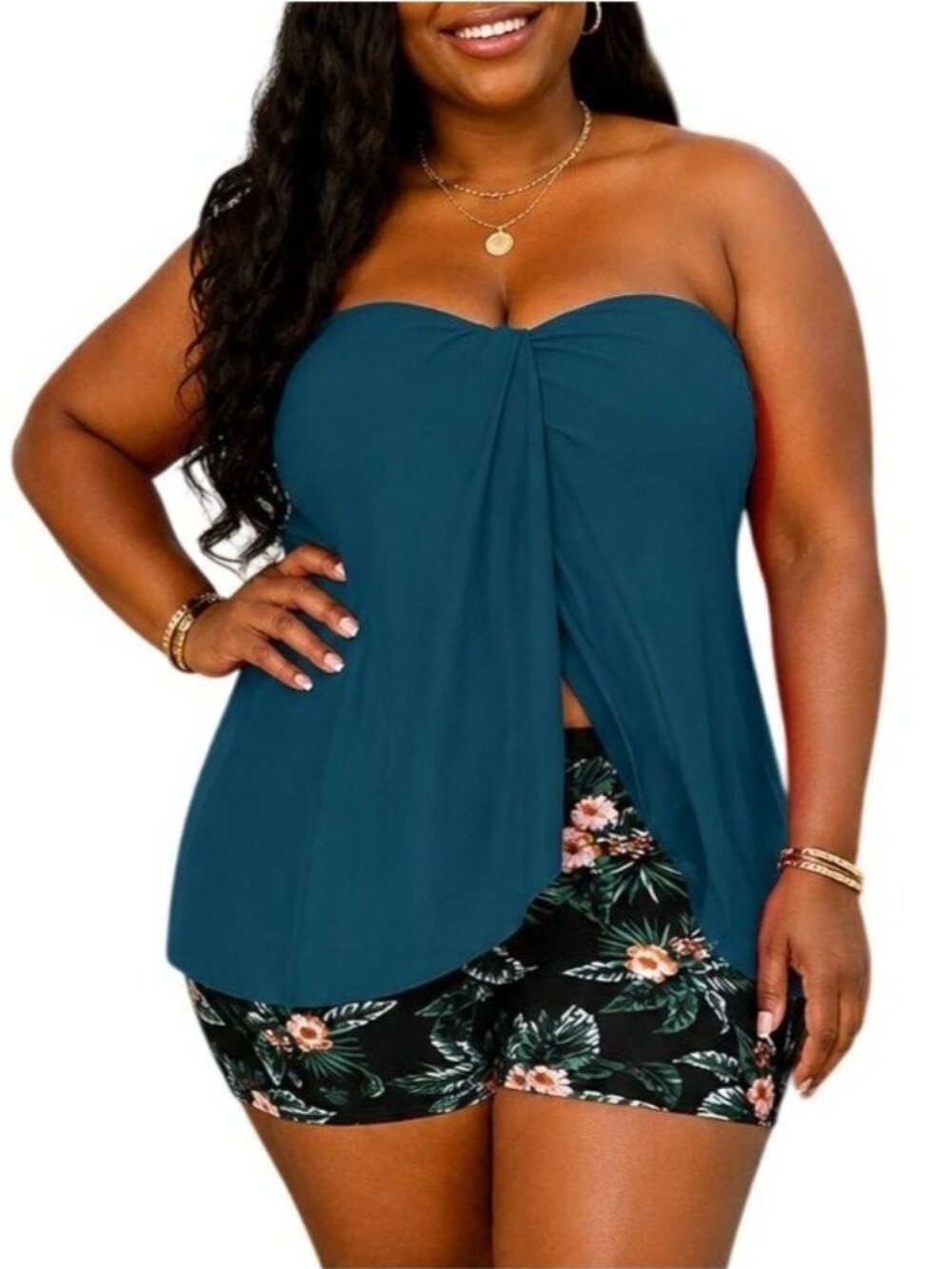 Daci Bandeau Plus Size 14W Tankini Set Removable Straps Teal Top Floral Bottom